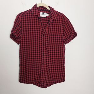 Topman Gingham Buffalo Plaid Black Red Rolled Sleeve Button Front Shirt Small S